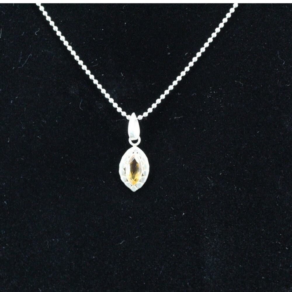 925 Sterling Silver Citrine Pendant Necklace Marquis Cut Gemstone Ball chain 18”